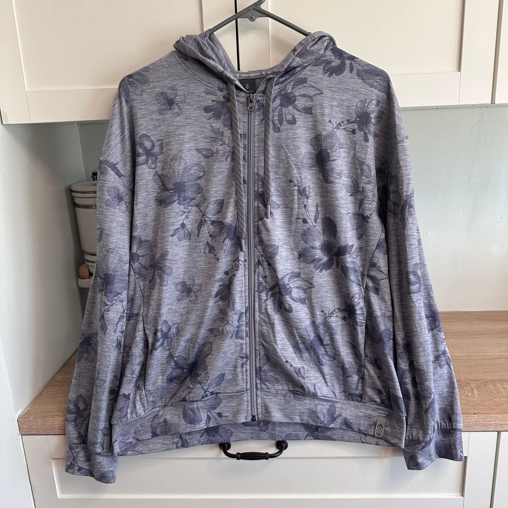 Free Country Women's Cloud Knit Zip Up Hoodie Gray Floral Gorpcore Layering Cozy